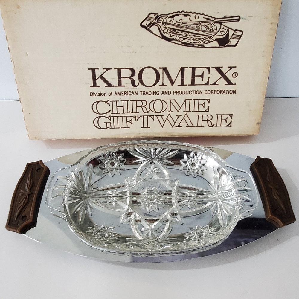 VTG Kromex Relish Server #044-21 Tray w/Glass Insert In Original Box MCM 60s EUC